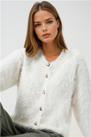 Kadın Ekru Kalp Düğme Detaylı Sakallı Hırka VS01001