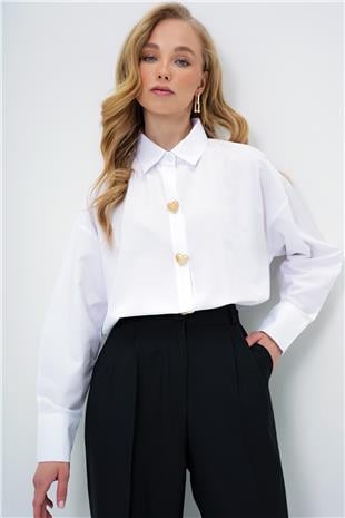 Kadın Beyaz Kalp Düğmeli Oversize Poplin Gömlek ALC-X13935