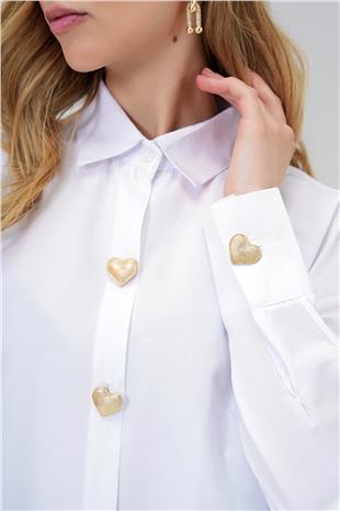 Kadın Beyaz Kalp Düğmeli Oversize Poplin Gömlek ALC-X13935