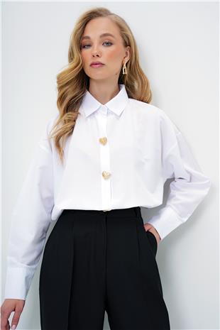 Kadın Beyaz Kalp Düğmeli Oversize Poplin Gömlek ALC-X13935