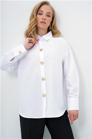 Kadın Beyaz Kalp Düğmeli Oversize Poplin Gömlek ALC-X13935