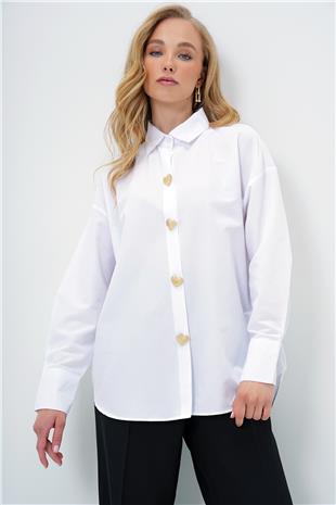Kadın Beyaz Kalp Düğmeli Oversize Poplin Gömlek ALC-X13935