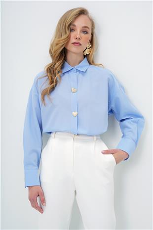 Kadın Mavi Kalp Düğmeli Oversize Poplin Gömlek ALC-X13935
