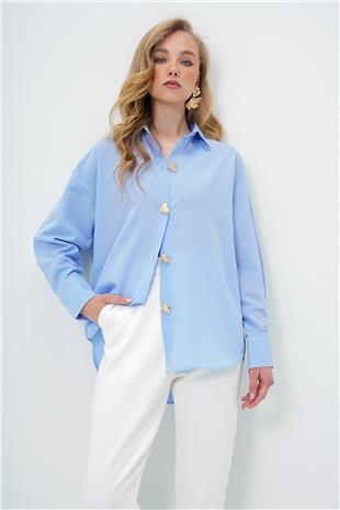 Kadın Mavi Kalp Düğmeli Oversize Poplin Gömlek ALC-X13935
