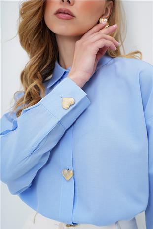 Kadın Mavi Kalp Düğmeli Oversize Poplin Gömlek ALC-X13935