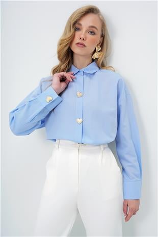 Kadın Mavi Kalp Düğmeli Oversize Poplin Gömlek ALC-X13935
