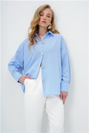 Kadın Mavi Kalp Düğmeli Oversize Poplin Gömlek ALC-X13935