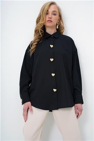 Kadın Siyah Kalp Düğmeli Oversize Poplin Gömlek ALC-X13935