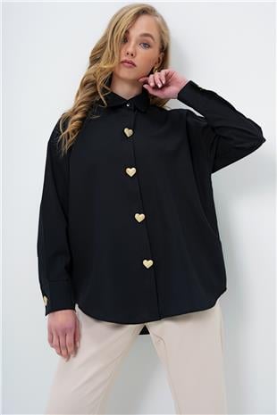 Kadın Siyah Kalp Düğmeli Oversize Poplin Gömlek ALC-X13935