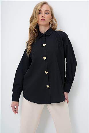 Kadın Siyah Kalp Düğmeli Oversize Poplin Gömlek ALC-X13935