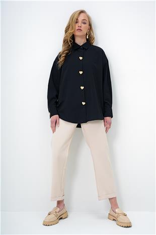 Kadın Siyah Kalp Düğmeli Oversize Poplin Gömlek ALC-X13935