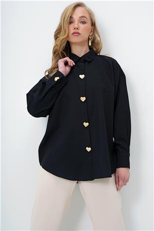 Kadın Siyah Kalp Düğmeli Oversize Poplin Gömlek ALC-X13935