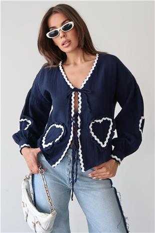 Kadın Lacivert Kalp Nakışlı Bağlamalı Mevsimlik Ceket VS00385