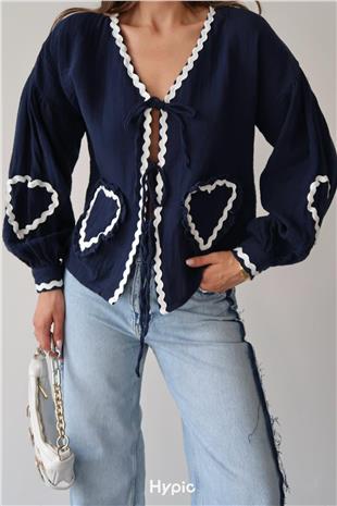Kadın Lacivert Kalp Nakışlı Bağlamalı Mevsimlik Ceket VS00385