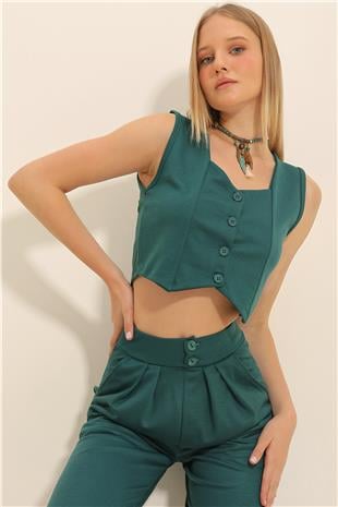 Kadın Ceviz Yeşili Kalp Yaka Düğmeli Crop Yelek ALC-X11053