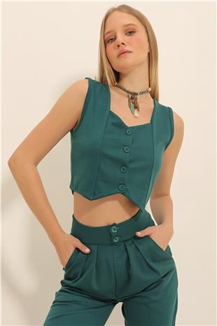 Kadın Ceviz Yeşili Kalp Yaka Düğmeli Crop Yelek ALC-X11053