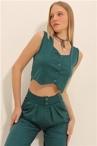 Kadın Ceviz Yeşili Kalp Yaka Düğmeli Crop Yelek ALC-X11053