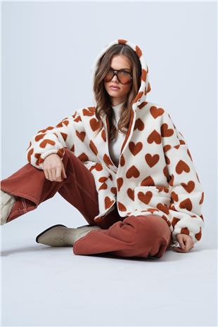 Kadın Kahverengi Kalpli Dik Yaka İçi Astarlı Cepli Oversize Peluş Mont VS01344