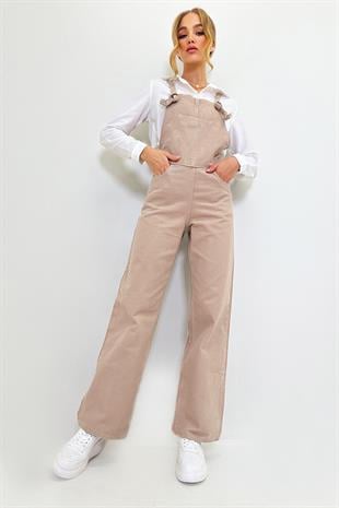 Kadın Bej Kanguru Cepli Denim Bahçıvan Salopet ALC-X9072