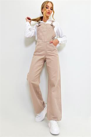 Kadın Bej Kanguru Cepli Denim Bahçıvan Salopet ALC-X9072