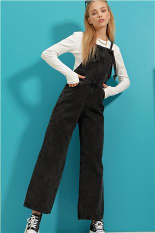 Kadın Siyah Kanguru Cepli Denim Bahçıvan Salopet ALC-X9072