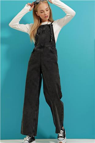 Kadın Siyah Kanguru Cepli Denim Bahçıvan Salopet ALC-X9072