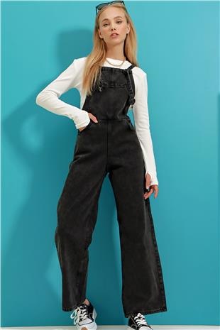 Kadın Siyah Kanguru Cepli Denim Bahçıvan Salopet ALC-X9072