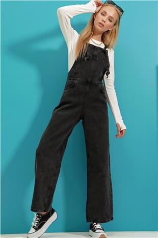 Kadın Siyah Kanguru Cepli Denim Bahçıvan Salopet ALC-X9072
