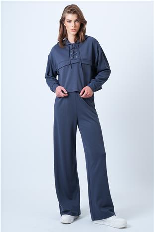 Kadın Antrasit Kapşonlu Kuş Gözlü Sweat Ve Palazo Pantolon Modal Takım VS01174