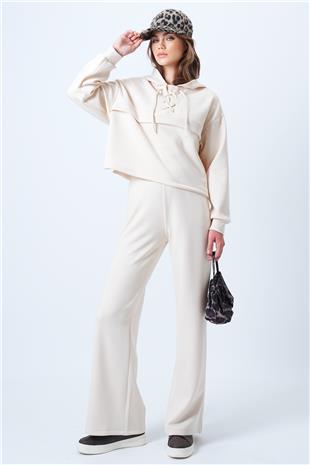 Kadın Açık Bej Kapşonlu Kuş Gözlü Sweat Ve Palazo Pantolon Modal Takım VS01174