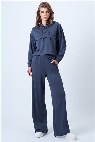 Kadın Antrasit Kapşonlu Kuş Gözlü Sweat Ve Palazo Pantolon Modal Takım VS01174