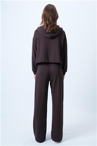 Kadın Kahverengi Kapşonlu Kuş Gözlü Sweat Ve Palazo Pantolon Modal Takım VS01174