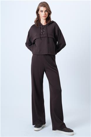 Kadın Kahverengi Kapşonlu Kuş Gözlü Sweat Ve Palazo Pantolon Modal Takım VS01174