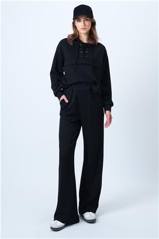 Kadın Siyah Kapşonlu Kuş Gözlü Sweat Ve Palazo Pantolon Modal Takım VS01174