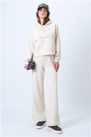 Kadın Açık Bej Kapşonlu Kuş Gözlü Sweat Ve Palazo Pantolon Modal Takım VS01174