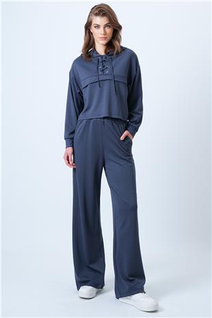 Kadın Antrasit Kapşonlu Kuş Gözlü Sweat Ve Palazo Pantolon Modal Takım VS01174