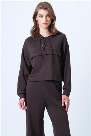Kadın Kahverengi Kapşonlu Kuş Gözlü Sweat Ve Palazo Pantolon Modal Takım VS01174