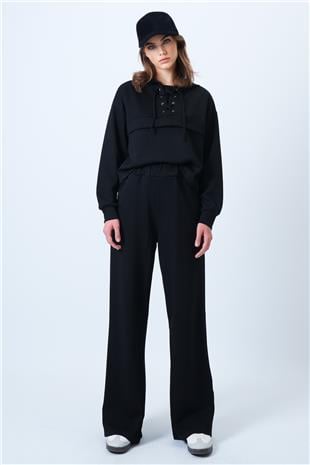 Kadın Siyah Kapşonlu Kuş Gözlü Sweat Ve Palazo Pantolon Modal Takım VS01174