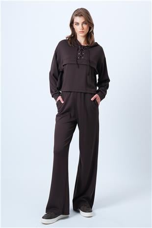 Kadın Kahverengi Kapşonlu Kuş Gözlü Sweat Ve Palazo Pantolon Modal Takım VS01174