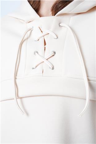 Kadın Açık Bej Kapşonlu Kuş Gözlü Sweat Ve Palazo Pantolon Modal Takım VS01174