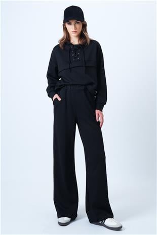 Kadın Siyah Kapşonlu Kuş Gözlü Sweat Ve Palazo Pantolon Modal Takım VS01174