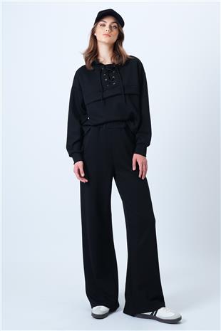 Kadın Siyah Kapşonlu Kuş Gözlü Sweat Ve Palazo Pantolon Modal Takım VS01174