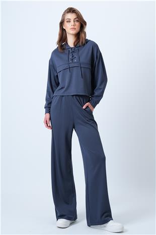 Kadın Antrasit Kapşonlu Kuş Gözlü Sweat Ve Palazo Pantolon Modal Takım VS01174