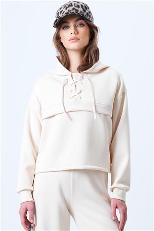 Kadın Açık Bej Kapşonlu Kuş Gözlü Sweat Ve Palazo Pantolon Modal Takım VS01174