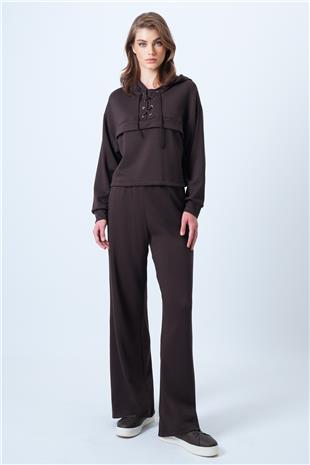 Kadın Kahverengi Kapşonlu Kuş Gözlü Sweat Ve Palazo Pantolon Modal Takım VS01174