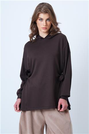 Kadın Kahverengi Kapsonlu Yandan Bağlamalı Modal Oversize Sweatshirt VS01176