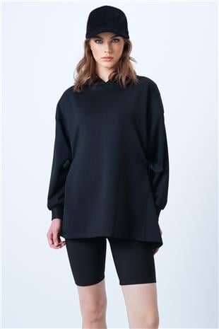 Kadın Siyah Kapsonlu Yandan Bağlamalı Modal Oversize Sweatshirt VS01176