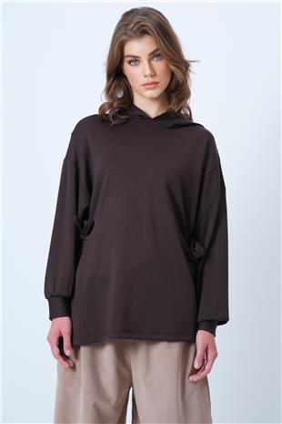 Kadın Kahverengi Kapsonlu Yandan Bağlamalı Modal Oversize Sweatshirt VS01176