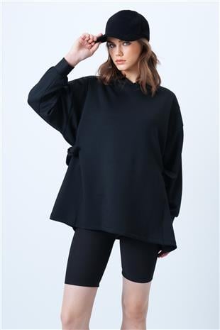 Kadın Siyah Kapsonlu Yandan Bağlamalı Modal Oversize Sweatshirt VS01176