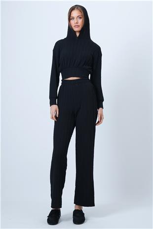 Kadın Siyah Kapüşonlu Ajurlu Triko Sweat Ve Beli Lastikli Palazzo Pantolon VS01318
